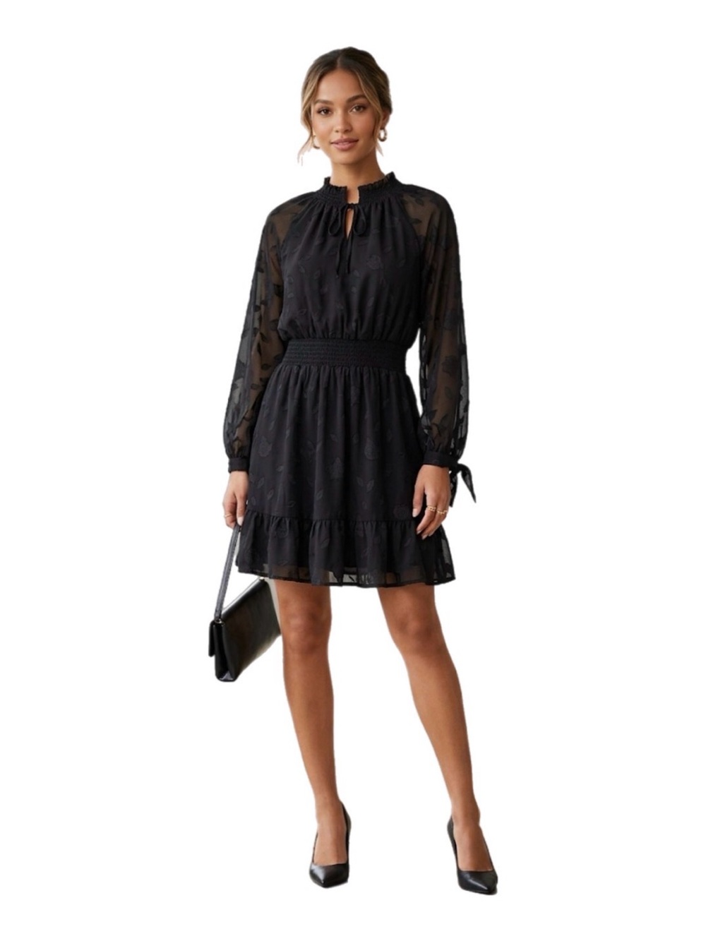 june & hudson Black Sheer Long-Sleeve Smocked Mini Dress